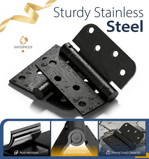 3 Pack 4 Inch Self Closing Door Hinges Showing Off Slick Smooth Operation In Matte Black Finish Square Shape Works Great For Busy Kitchens And Garages Tool Free Wall Prep Means A No Sweat Install Anywhere You Go, demonstrating waterproof and rust-resistant features.