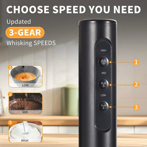 Rechargeable Handheld Milk Frother With Stand 3 Speeds And 3 Detachable Stainless Steel Whisks Electric Drink Mixer control panel