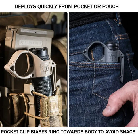 Switchback DF Flashlight Ring for SureFire Dual Fuel Tactical Lights clipped to pocket and military gear