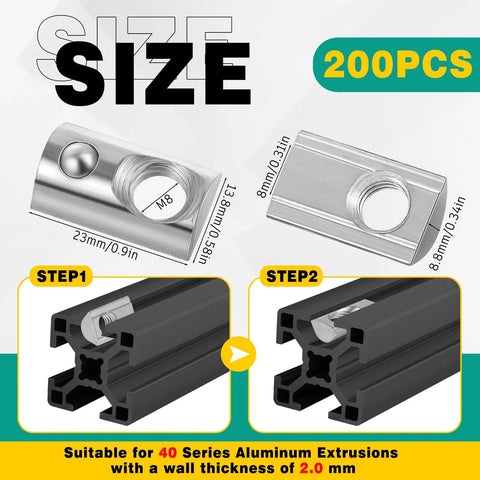 200 Piece Heavy Duty M8 Thread T Slot Nuts Half Roll In Spring Steel Fasteners in various sizes for aluminum extrusions.
