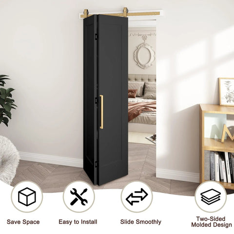 Ridiculously Tough 36 By 84 Inch Vinyl Wrapped Bifold Barn Door For Closet Pantry Laundry Room showing smooth sliding mechanism and black finish.