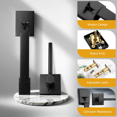 Slick Heavy Duty Black Exterior Front Door Handle Set Featuring Modern Square Design And Smooth Glide Lever For Foolproof Left Or Right Installation displayed on marble base.