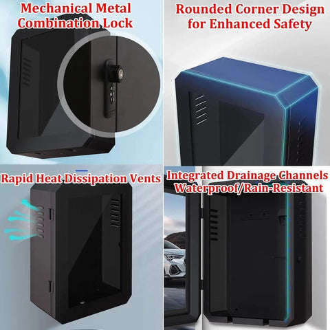 Rugged EV Charger Lock Box Featuring Beefy Vertical Stand And Full Weatherproof Cover For Outdoor Electric Vehicle Stations showing mechanical lock and drainage channels.