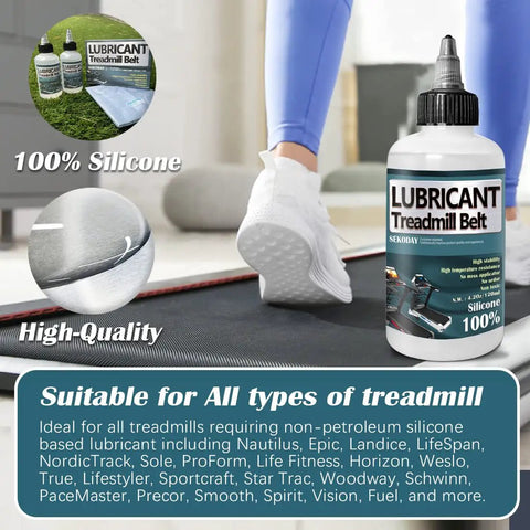Silicone Treadmill Belt Lubricant Non Toxic Odorless High Performance With Precision Screw Cap bottle next to running shoes.