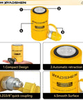 Badass 50 Ton Hydraulic Cylinder Jack Set With CP 700 Hand Pump And Two Inch Stroke Single Acting Auto Retract Ram close-up of yellow hydraulic ram with smooth surface and quick coupling.