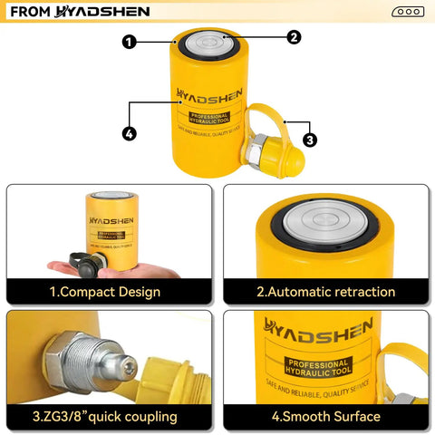 Badass 50 Ton Hydraulic Cylinder Jack Set With CP 700 Hand Pump And Two Inch Stroke Single Acting Auto Retract Ram close-up of yellow hydraulic ram with smooth surface and quick coupling.