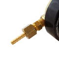 Close-up of lab inert gas regulator gauge with brass fittings.