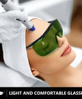Heavy Duty Laser Safety Glasses Delivering Straight Up Optical Density Blocking For Blue Violet And Infrared Lasers Dual Band Industrial Eyewear in use during a treatment.