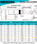 Technical drawing of High Speed Beefy 36 Inch Linear Actuator 12V 88 Lbs 400N IP65 Waterproof dimensions and specifications chart