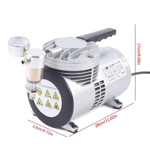 Pro Grade Oil Free Diaphragm Vacuum Pump Delivering Tough Build And Whisper Quiet Operation With One Sixth Horsepower Motor, side view with gauge.