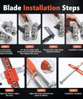 Blade installation steps for Pro Level Drywall Cutting Tool, showing tool adjustments and settings for optimal use.