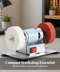 Professional Grade Rock Solid Electric Bench Grinder With Non Slip Dual Wheels Vibration Proof Base on a workshop table with dual grinding wheels.
