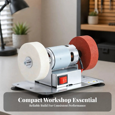 Professional Grade Rock Solid Electric Bench Grinder With Non Slip Dual Wheels Vibration Proof Base on a workshop table with dual grinding wheels.