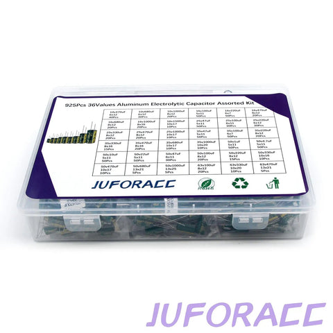 Top Tier Premium Heavy Duty Aluminum Electrolytic Capacitor Assortment Kit With 925 Pieces Across 36 Values in storage box.
