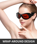 Bottom Line True Pro Level Laser Eye Protection With These Straight Fire Od6 Plus Safety Glasses shielding 405 Nm to 532 Nm rays worn by a woman.