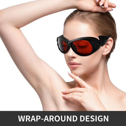 Bottom Line True Pro Level Laser Eye Protection With These Straight Fire Od6 Plus Safety Glasses shielding 405 Nm to 532 Nm rays worn by a woman.