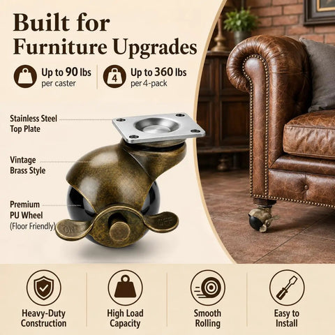 Vintage 2 Inch Furniture Ball Caster Wheels Antiqued Brass Finish Set Of 4 Heavy Duty Locking Casters That Roll Easy On kitchen carts and dressers.