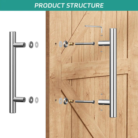 24 Inch Barn Door Handle Built Like A Tank With Heavy Duty 304 Stainless Steel Smooth Gliding Pull Bar parts on wooden door.