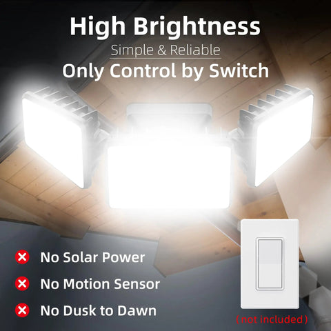 Beast Mode 120W LED Flood Lights Outdoor 12000 Lumens IP66 Waterproof Security Light showing three bright lights and a switch.