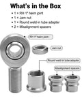 Heavy Duty One Inch Chromoly Heim Joint Rod End Kit With Right And Left Hand Threads Plus Tube Adapter Two Pack displayed with components.