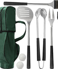 Golf Themed 8 Piece Barbecue Grill Utensils Set With Golf Club Spatula Golf Ball Tongs And Two Golf Ball Salt And Pepper Shakers For Outdoor Cooking And Camping A Great Gift For Golf Lovers Men Women Dad Husband Grandpa featuring tools and green bag