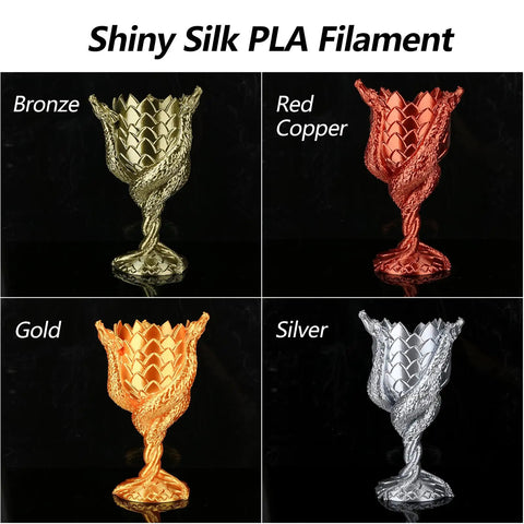 Top Shelf Silk PLA 3D Printer Filament 1.75mm Four Spool Bundle With Metallic Gold Silver Bronze And Red Copper Shades shown as decorative vases.