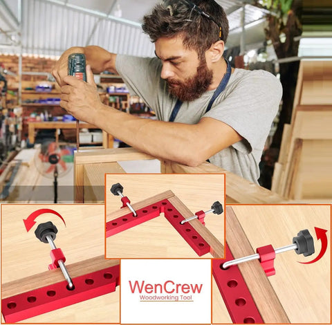 Man using Corner Clamps For Woodworking 4 Pack 90 Degree Right Angle Aluminum Squares 5.5 Inch For Cabinets Drawers Frames And DIY Projects