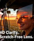 Woman wearing Shop Ready 12 Pack Safety Glasses For The Daily Hustle And Sports, Ansi Z87.1 Rated, outdoors at sunset.