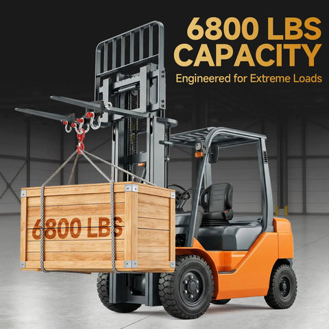 Heavy Duty Forklift Lifting Hook With Side Shackle Holes 6800 Lbs One Piece Forged Steel lifting a wooden crate with load