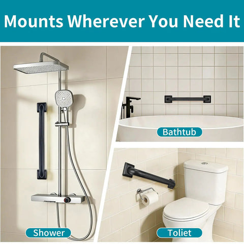 Rock Solid 12 Inch Square Shower Grab Bar in Matte Black with Killer Knurled Grip mounted in shower and bathtub areas.