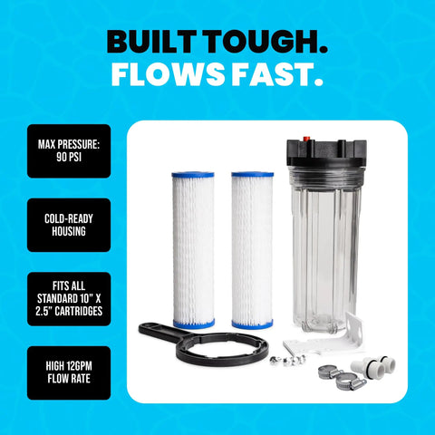 Grab This Cold Plunge Water Filter System With A Rugged Ten Inch Housing And Dual Fifty Micron Sediment Scaler For Crisp Ice Baths And Rust Free Whole Home Hydration Vibes with filter components, 10-inch clear housing, and two pleated filters.