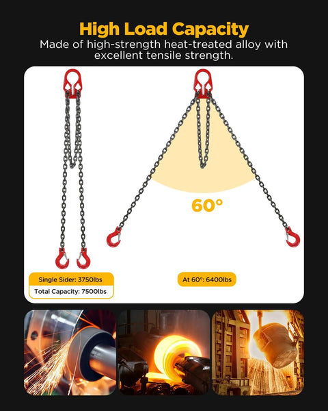 Heavy-duty lifting chain sling with adjustable red hooks, 3/8 in x 10 ft, dual-leg setup, 7500 lb max.