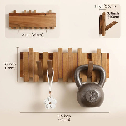 Premium Acacia Wood Wall Mounted Coat Rack With Eight Retractable Hooks, Space Saving Flip Down Entryway Stand, Zero Drama Install And Heavy Duty Grip For The Daily Grind on wall with kettlebell and key.