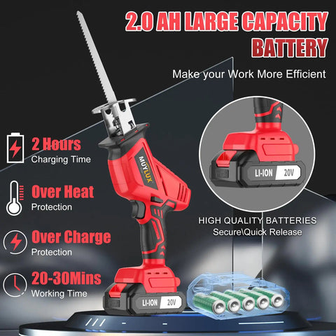 Cordless Reciprocating Saw With 20V Battery And Charger, showing 2.0 AH battery and tool features on a black background.