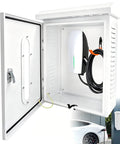 Keep Your Ride Secure With This Heavy Duty Outdoor EV Charger Lock Box Featuring Bright Viewable Window Compatible With Tesla Wall Mount And Universal Cables Smooth Garage Setup, inside view with white steel and charger.