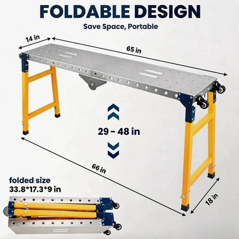 Rock Solid 1200 Pound Folding Welding Workbench On Wheels dimensions showing 65-inch table height range 29-48 inches portable design.