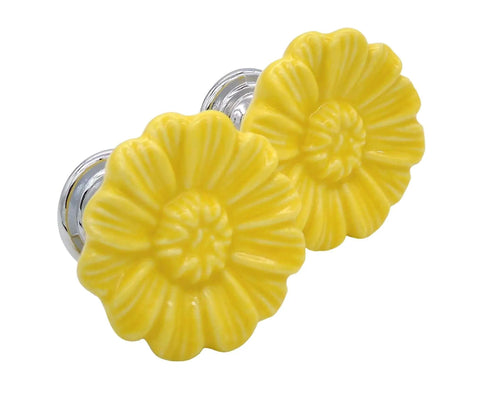 Fresh Vibes Vintage Daisy Drawer Knobs And Cabinet Pull Handles In Cheerful Yellow Ceramic With Solid Zinc Backplates Includes Six Pieces Plus Easy Install Screws for a bright accent.