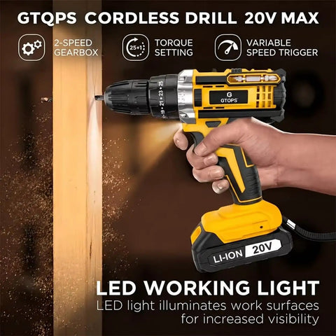 Heavy Hitter 20V Rechargeable Cordless Drill Driver Kit With Solid Lithium Batteries And Rapid Battery Charger Smooth Operator held in hand.