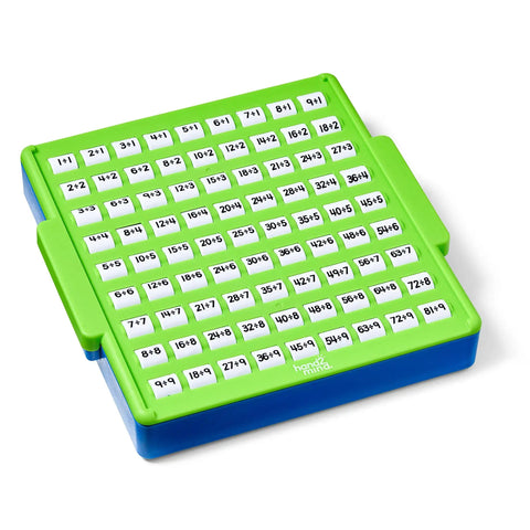 Division Practice Board With Self-Checking Dials For Kids, Game-Like Math Facts Games on green plastic 9x9 grid