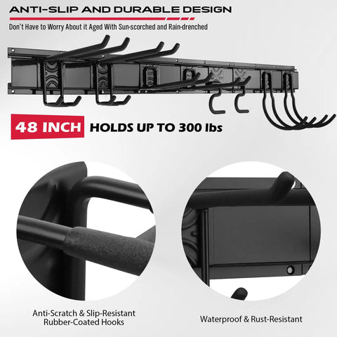 Heavy Duty Garage Wall Organizer With Adjustable Hooks Wall Mount Tool Rack For Garden Gear Holds Up To Three Hundred Pounds, 48-inch with rubber-coated hooks.