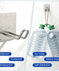 Super Strong Adhesive Hooks With Extended Stainless Steel Bar For Heavy Duty Wall Mount holding two water bottles securely.