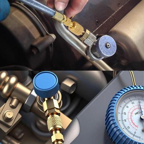 Top Shelf 1/4 Inch Sae Brass Refrigerant Adapter For R32 And R454B Gas Cylinders attaching to refrigerant line in HVAC system.