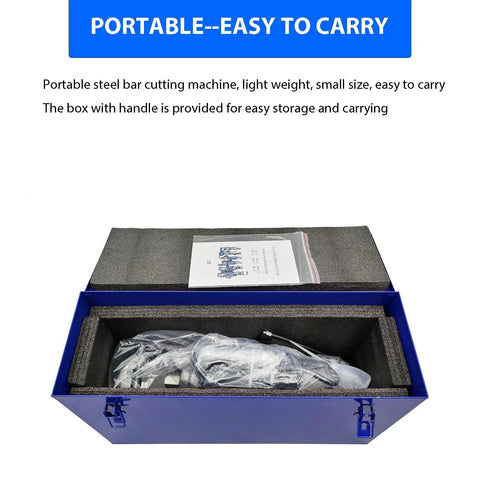 Heavy Duty Portable Electric Rebar Cutter Workhorse With Raw 3000 Watt Copper Motor for smooth steel bar shearing in storage box.