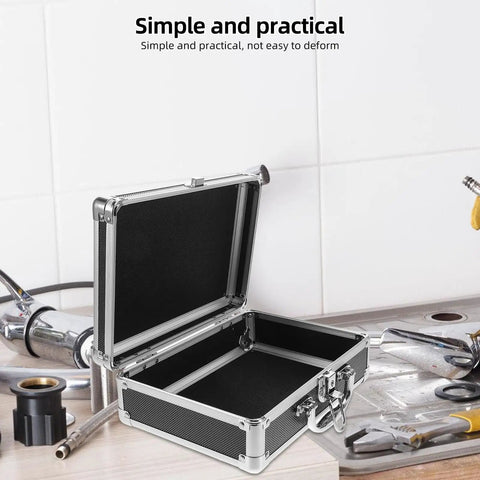 Rock Solid Portable Aluminum Alloy Toolbox With Lockable Handle And Ample Hardware Storage Featuring Sleek Modern Design open with black interior on workbench.
