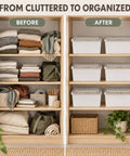 Before and after organizing with Crushing Clutter Game Changer Heavy Duty Plastic Storage Totes, stacked for home use.