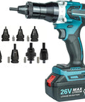 Heavy Duty Cordless Automatic Rivet Gun With Rechargeable Battery M3 To M12 Hex Heads shown with adjustable hex heads and battery.