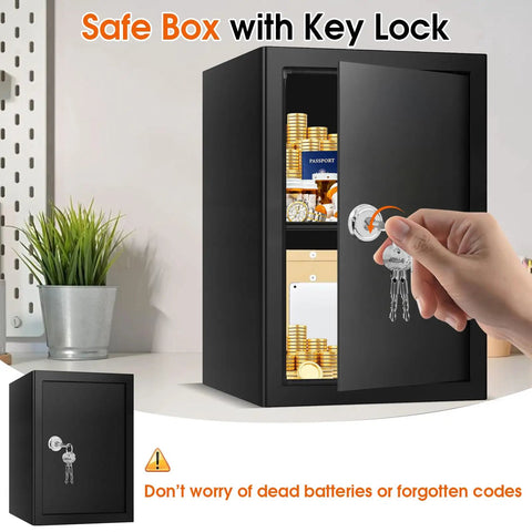 Rugged Steel Fireproof Safe Box With Secure Key Lock And Generous Shelf Space For Safely Stashing Cash Documents And Passports Inside A Stealth Home Vault, showing key access and contents.