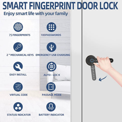 Hand using Smart Fingerprint Door Lock With Five Entry Methods Including Anti Peep Passcode IC Cards App And Physical Key 96 Percent Fingerprint Recognition Up To 100 Codes And 75 Fingerprints Great For Bedroom Home Office Or Apartment Black with feature icons on side wall.