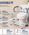 Adjustable Premium Heavy Duty Toilet Safety Rails for Seniors 500 Lbs Weight Capacity with a freestanding aluminum frame.