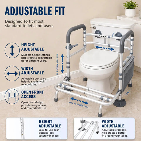 Adjustable Premium Heavy Duty Toilet Safety Rails for Seniors 500 Lbs Weight Capacity with a freestanding aluminum frame.